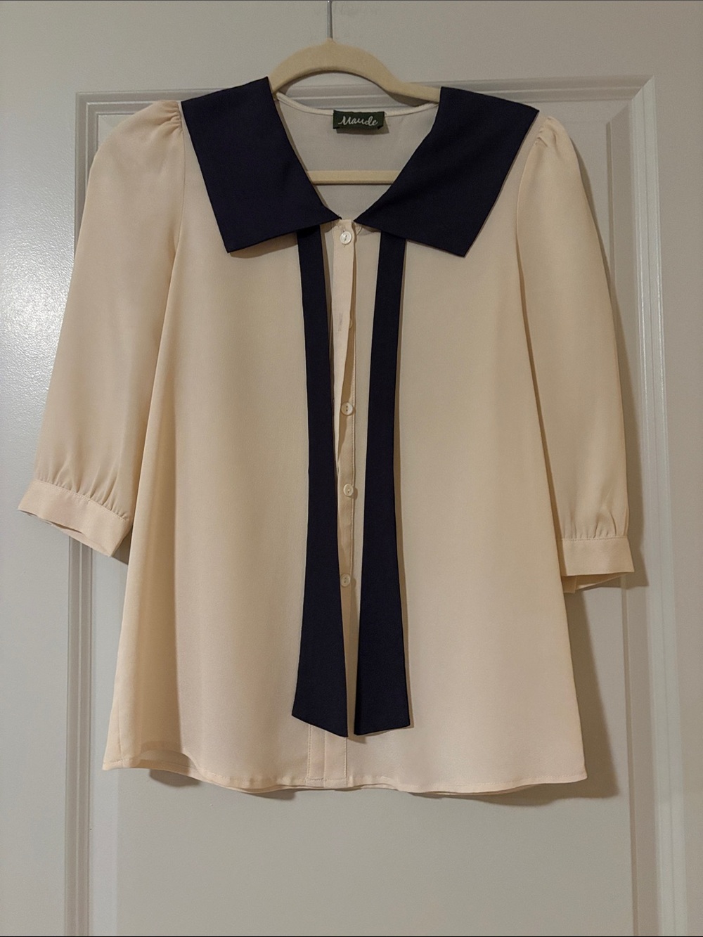 Maude Cream Button-Down Blouse with Navy Sailor Collar